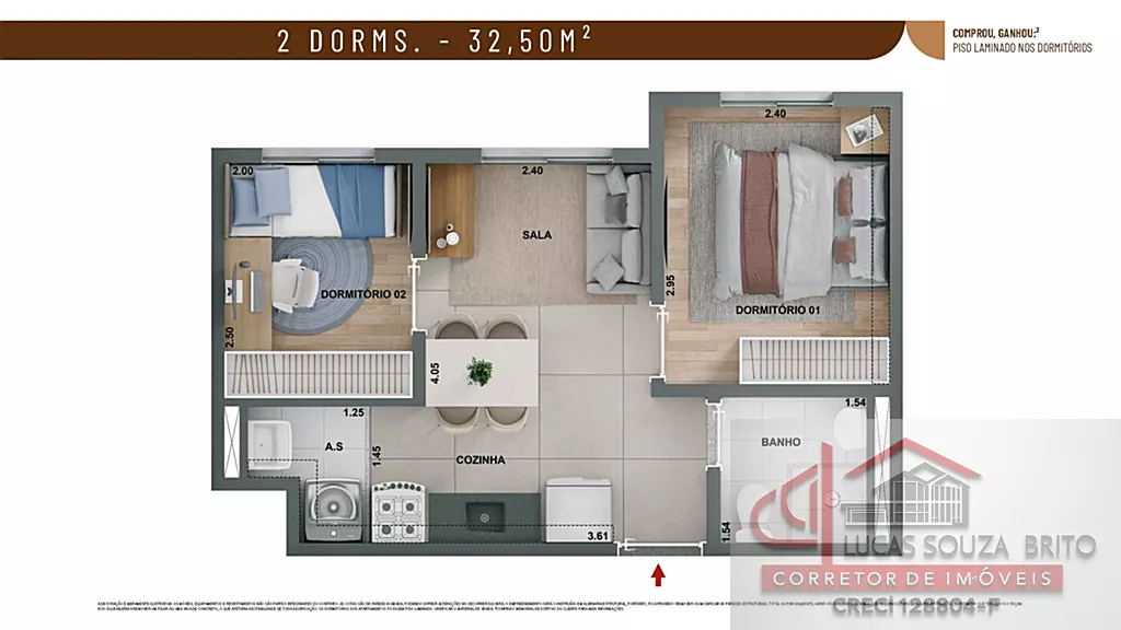 Planta do apartamento 2 dormitórios 32m² do Alto Chácara Santo Antônio