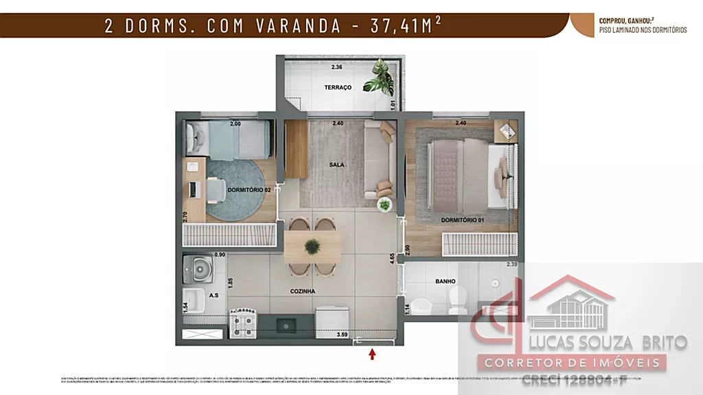 Planta do apartamento 2 dormitórios com varanda 37m² do Alto Chácara Santo Antônio