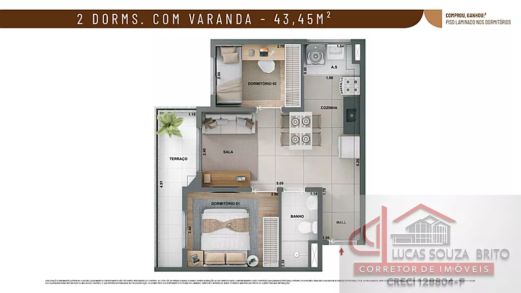 Planta do apartamento 2 dormitórios com varanda 43m² do Alto Chácara Santo Antônio