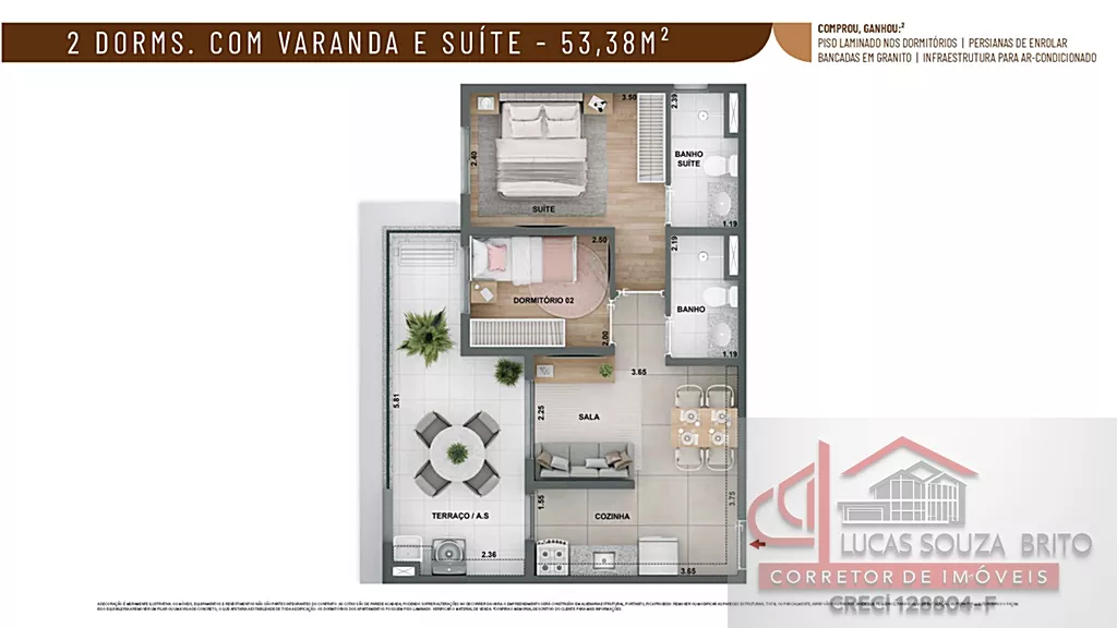 Planta do apartamento 2 dormitórios com suíte 53m² do Alto Chácara Santo Antônio
